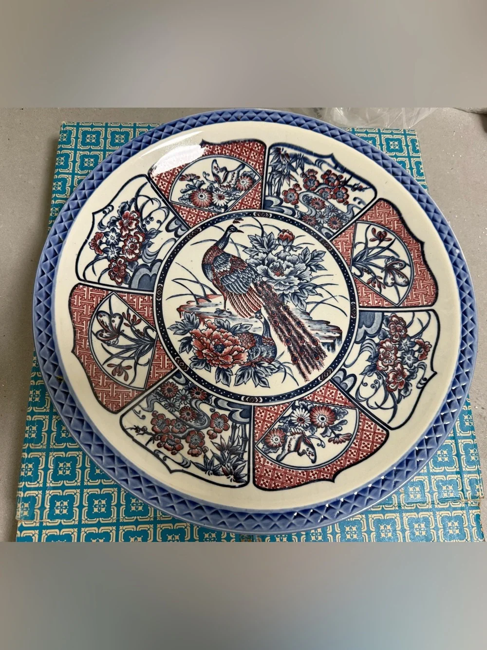 Decorative Japanese Ceramic Plate in Blue and Red